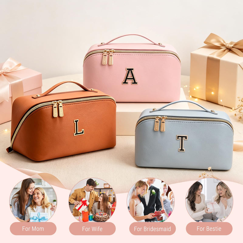 BOYATU Personalized Travel Makeup Bag: 3-in-1 Cosmetic Bag Gift for Women | Initial Make up Bag Organizer - Custom Letters A-Z - Flat Open Portable Toiletry Bag for Birthday Graduation Anniversary Pink H