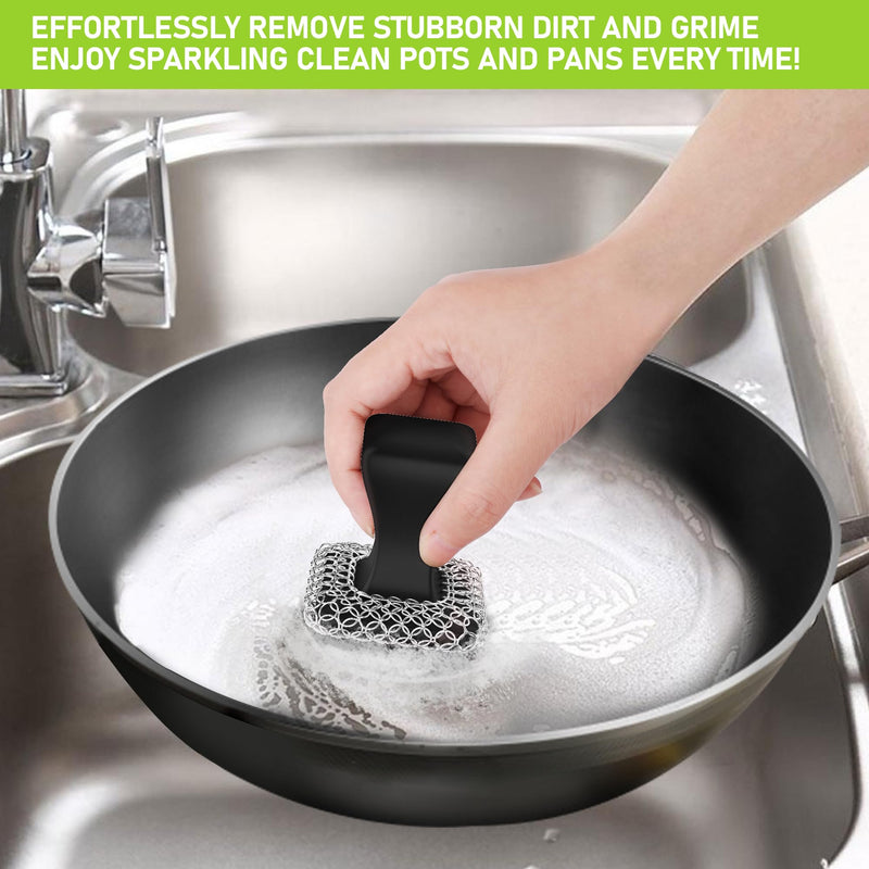 [Australia] - Cast Iron Scrubber & Scraper Kit, 316 Stainless Steel Cast Iron Skillet Cleaner Chainmail Scrubber for Cast Iron Pans Dish Scrub Brush Chain Link Scouring Pad for More Pot Cookware Cleaning Black 