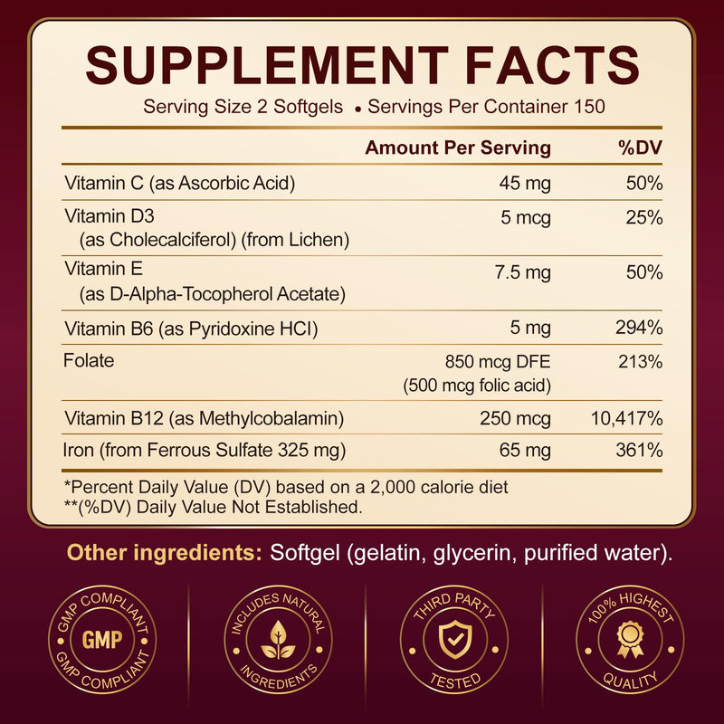 Iron 65mg 8-in-1 Multivitamin & B-Complex - 300 Softgels, 150 Day Supply | Complete 8-in-1 iron + B-Complex Multivitamin for blood & energy*. 2 daily, 150 day supply, 5 month value pack 300 Count (Pack of 1)