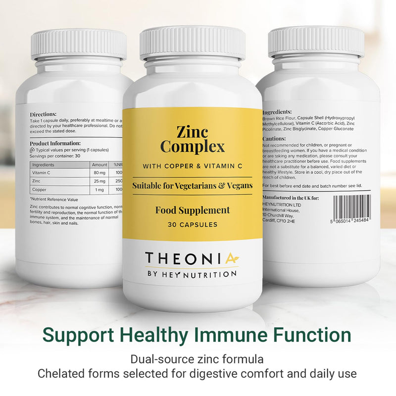 Theonia Zinc Complex – Supports Immune, Skin & Digestive Health – High Absorption Zinc with Vitamin C, Probiotics & Natural Blends – 30 Vegan Capsules
