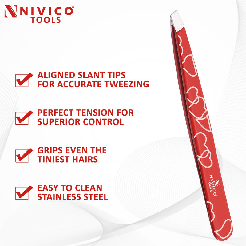 NIVICO Eyebrow Tweezer Hair Removal, Slant Stainless Steel 9.5cm Ingrown Facial Hair Tweezers for Men And Women (Red Coated)