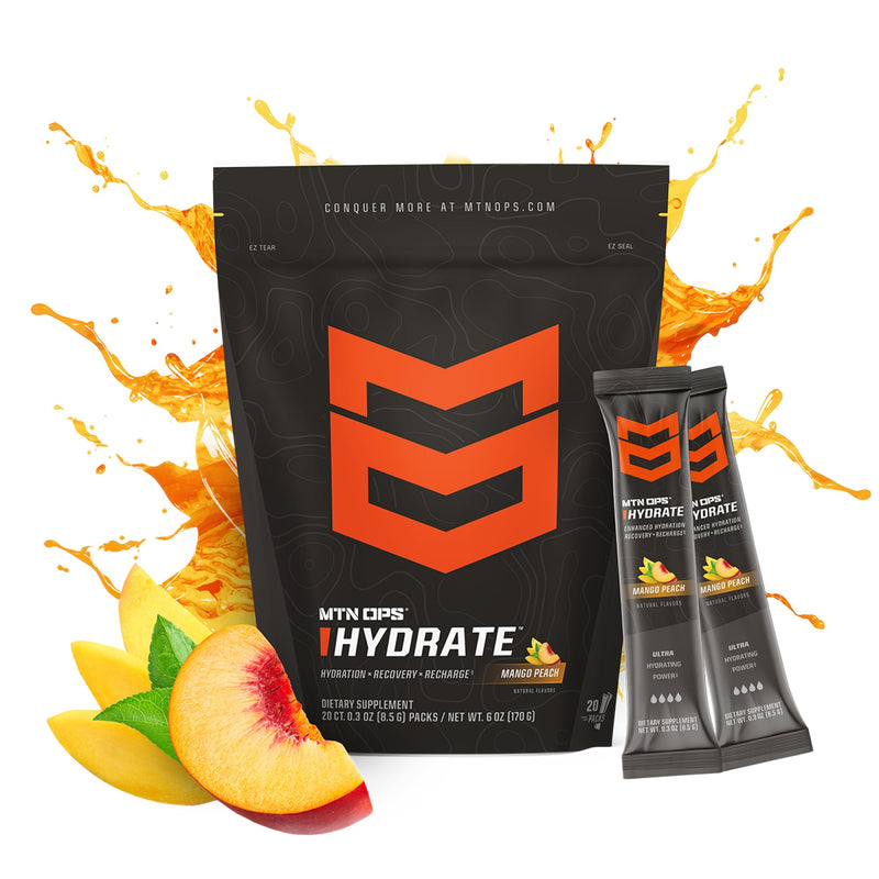 [Australia] - MTN OPS Hydrate Electrolytes Powder Drink Mix, 20 Single Serving On-The-Go Electrolyte Packs with Over 1000mg of Electrolytes per Serving, Mango Peach 