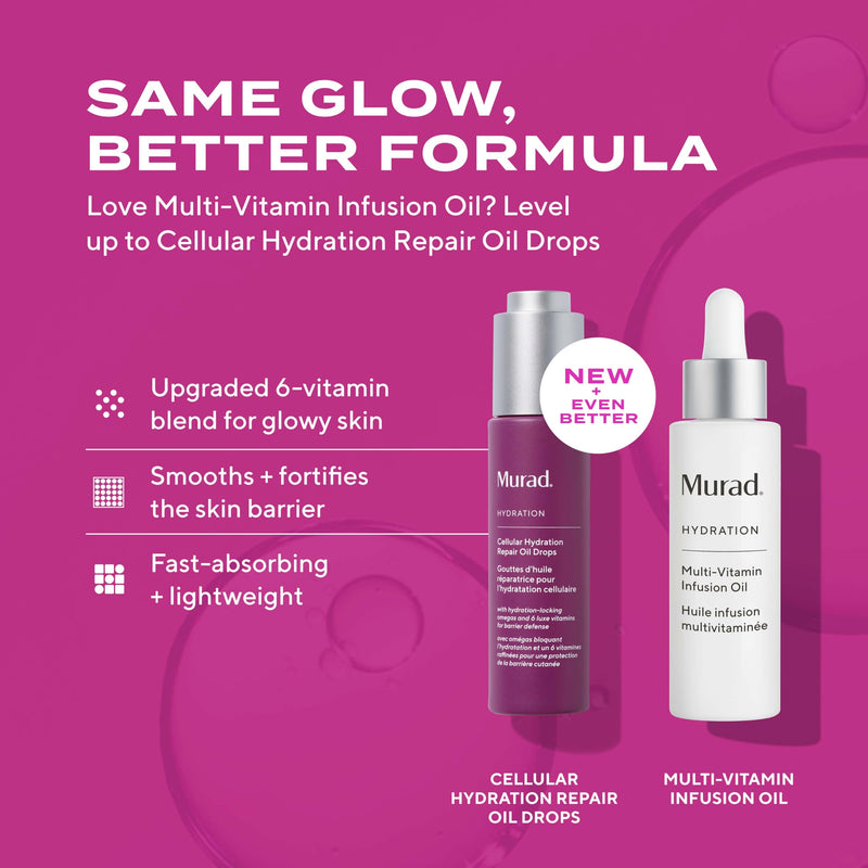 Murad Cellular Hydration Repair Oil Drops - Multi-Vitamin Blend - 1 Fl Oz | Hydrating multi-vitamin face oil with Bilberry Seed Oil strengthens the skin barrier and relieves redness for glowy skin