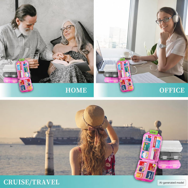 3 Pack Pill Organizers with Medicine Labels, Pink White Grey | 3 compact pill cases with 3x161 medicine labels for 7-day planning, vitamins, travel, family use, and separate routines Pink+white+grey Standard