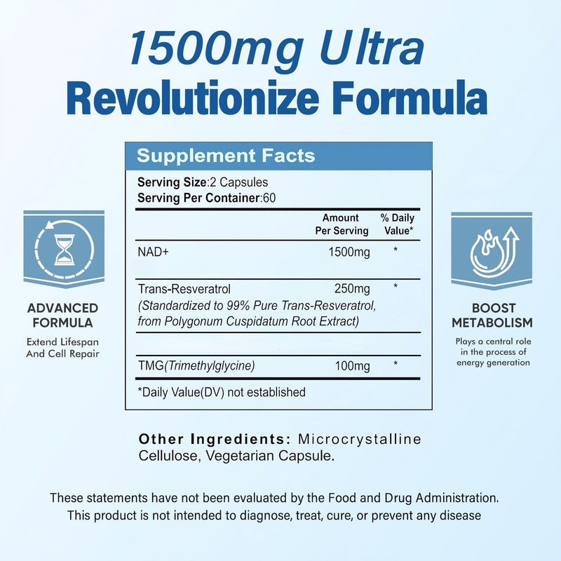 NAD+ Supplement 1500MG, 120PCS Ultra NAD+ & Resveratrol Supplement, Boosting Riboside for Cellular Energy, Metabolism & Repair