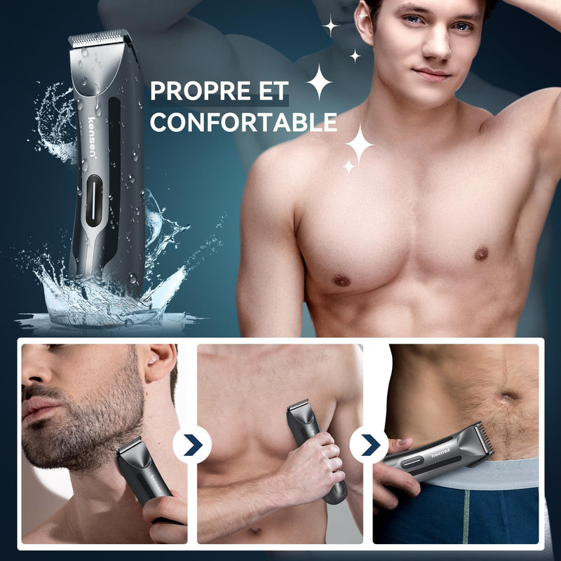 [Australia] - Body Hair Trimmer for Men, kensen Electric Groin Hair Trimmer, Rechargeable Body Groomer, Replaceable Ceramic Blade Heads, IPX7 Waterproof Wet/Dry Clippers, Male Pubic Hair Hygiene Razor Black 