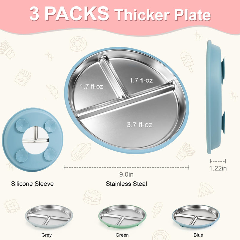 [Australia] - Bella's Friends Stainless Steel Baby Plates with Suction 3 Pack, 9” Divided Toddler Plates with Removable Silicone Sleeves for Mess-Free Feeding, Non-Toxic, Non-Slip, Dishwasher Safe, Green,Blue,Gray 3pack 9" 