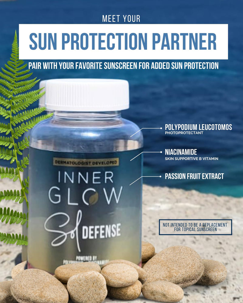 Inner Glow Sol Defense Gummies – Dermatologist & Plastic Surgeon-Formulated Skin Resilience Vitamin Supplement with Polypodium Leucotomos & Niacinamide, Passion Fruit Flavor, 60 Sugar-Free Gummies