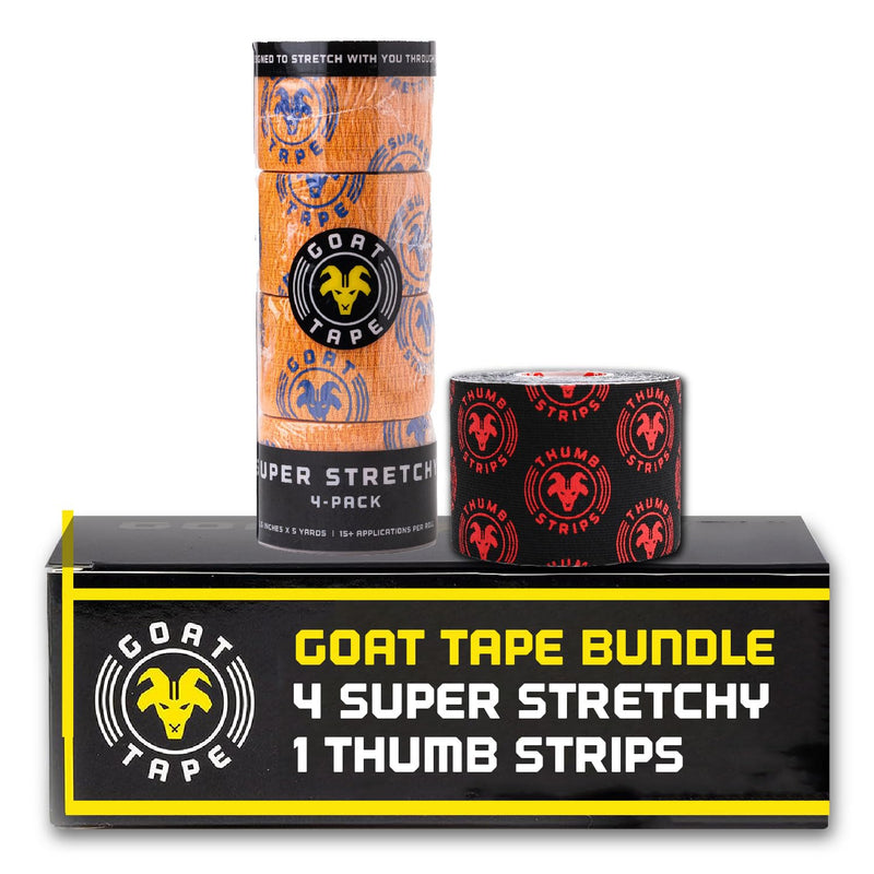 Goat Tape Orange Super Stretchy Premium Thumb Tape (4-Pack) and Pre Cut Black Athletic Tape for Fingers - Extra Sticky Elastic Athletic Thumb Tape for Weightlifting