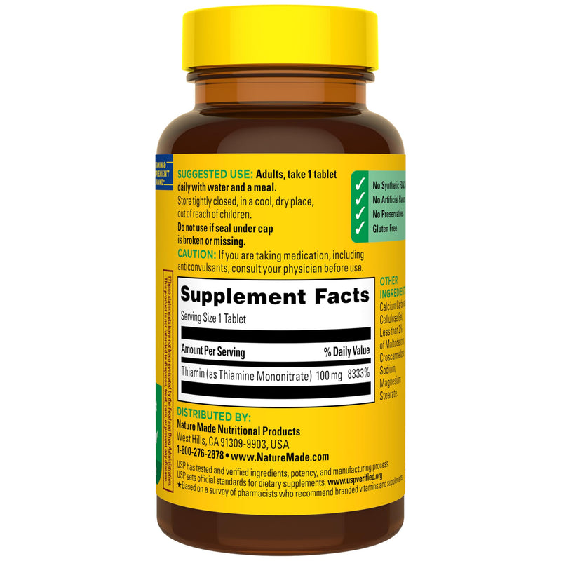 Nature Made Vitamin B1 100mg Tablets, 100 Tablets | Thiamine B1 Supplement for Energy Metabolism Support, Helps Support a Healthy Brain and Nervous System, 100 Day Supply Unflavored 100 Count (Pack of 1)