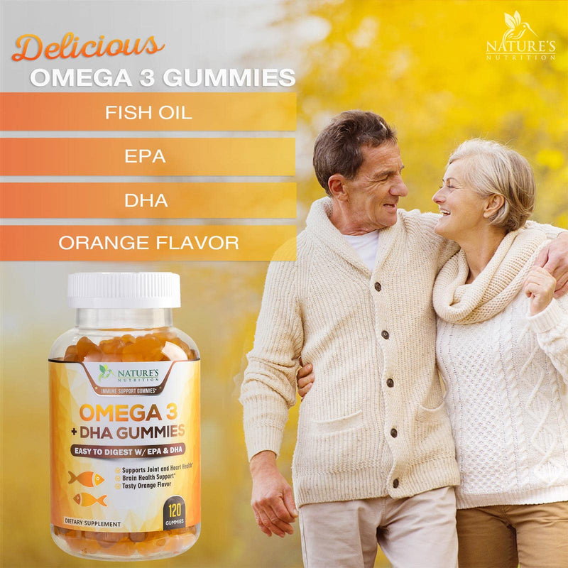 [Australia] - Omega 3 Fish Oil Gummies, Heart Healthy Omega 3 Gummy Supplement with High Absorption DHA & EPA, Extra Strength Joint & Brain Support, Omega 3 Fish Oil Nature's Vitamin, Orange Flavor - 120 Gummies 120 Count (Pack of 1) 