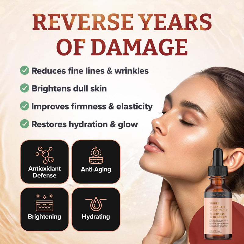 Triple Strength Vitamin C, E & Ferulic Acid Serum (w/Retinol & double weight Hyaluronic Acid) – 30ml / 1 fl oz (2 bottles) 1 Fl Oz (Pack of 2)