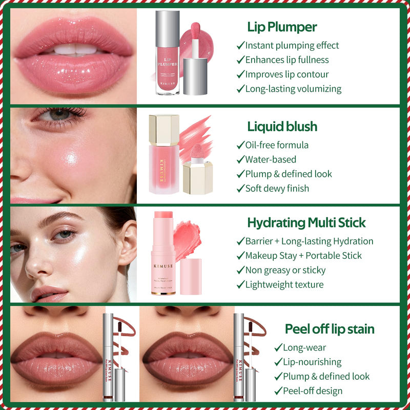 [Australia] - KIMUSE All in One Makeup Kit for Women, Girls, Teens with Makeup Bag, 4 Pcs Makeup Gifts Set Includes Lip Stain,Lip Plumper,Liquid Blush,Multi Balm Stick, Christmas Make Up Collection, Holiday Present 