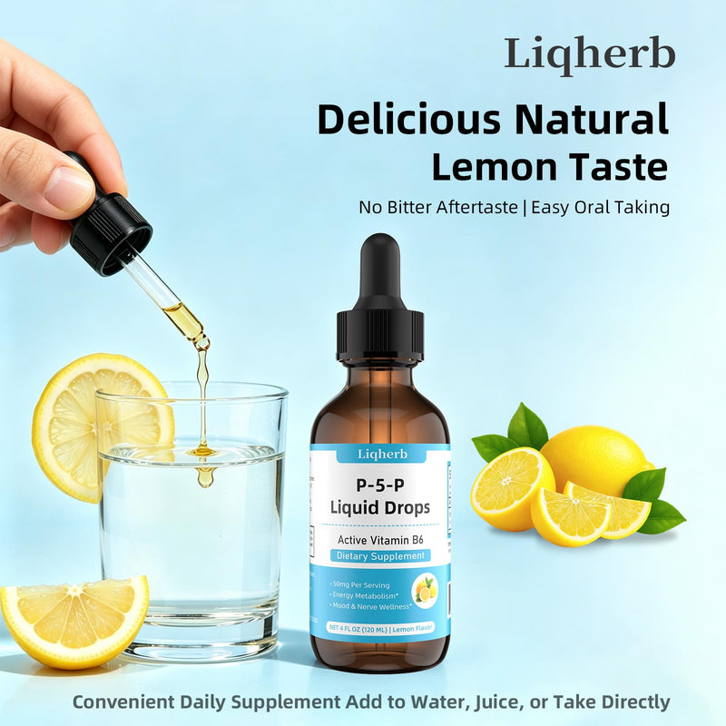 P-5-P Liquid Drops 50mg, P5P Vitamin B6 (Pyridoxal-5-Phosphate), Supports Energy Metabolism, Mood & Nerve Wellness, Fast Absorption Formula, Lemon Flavor, Vegan Non-GMO, 4 Fl Oz