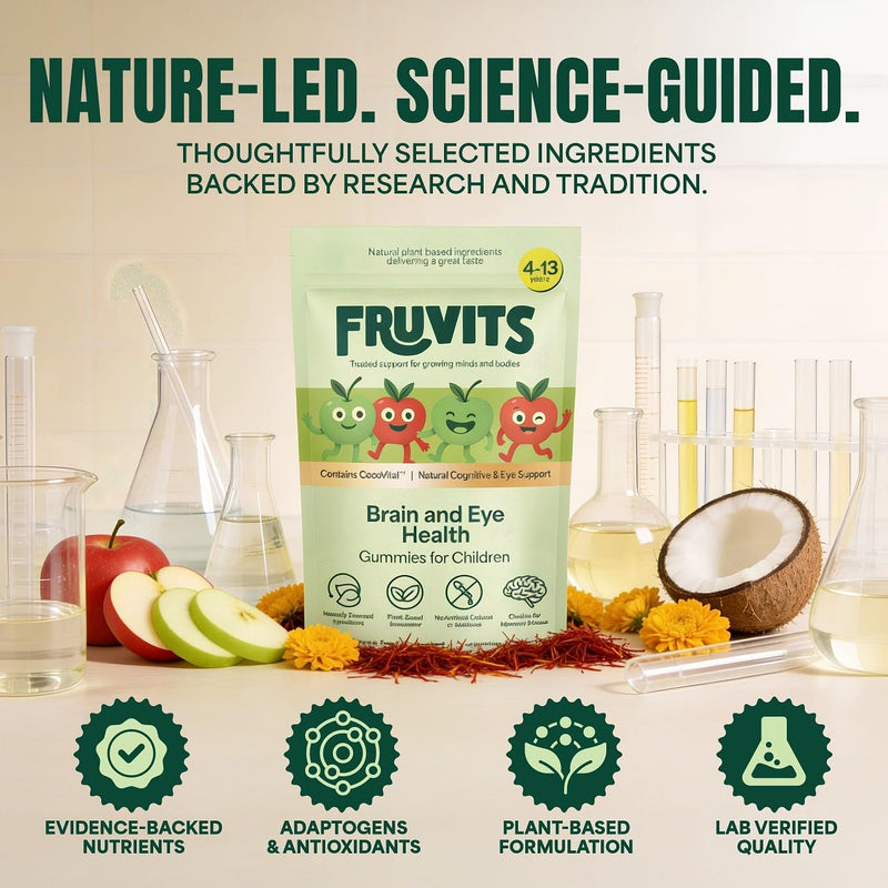 Kids Brain & Eye Health Gummies – 1‑a‑Day, Sugar‑Free, Vegan – Focus, Calm & Vision Support with Choline, Lutein & Saffron – Apple Flavour – 30‑Day Supply, Ages 4–13