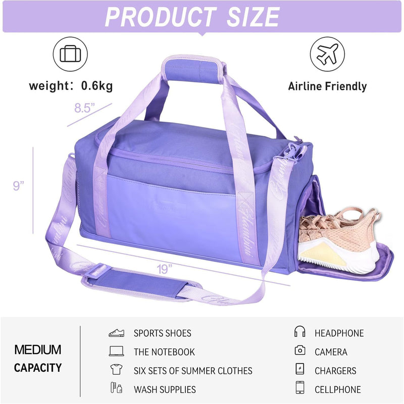 24L Duffle Bag with Shoes Compartment,Overnight Weekender Travel Gym athletic Trainning duffel for Girl Women Water-proof & Tear Resistant light purple