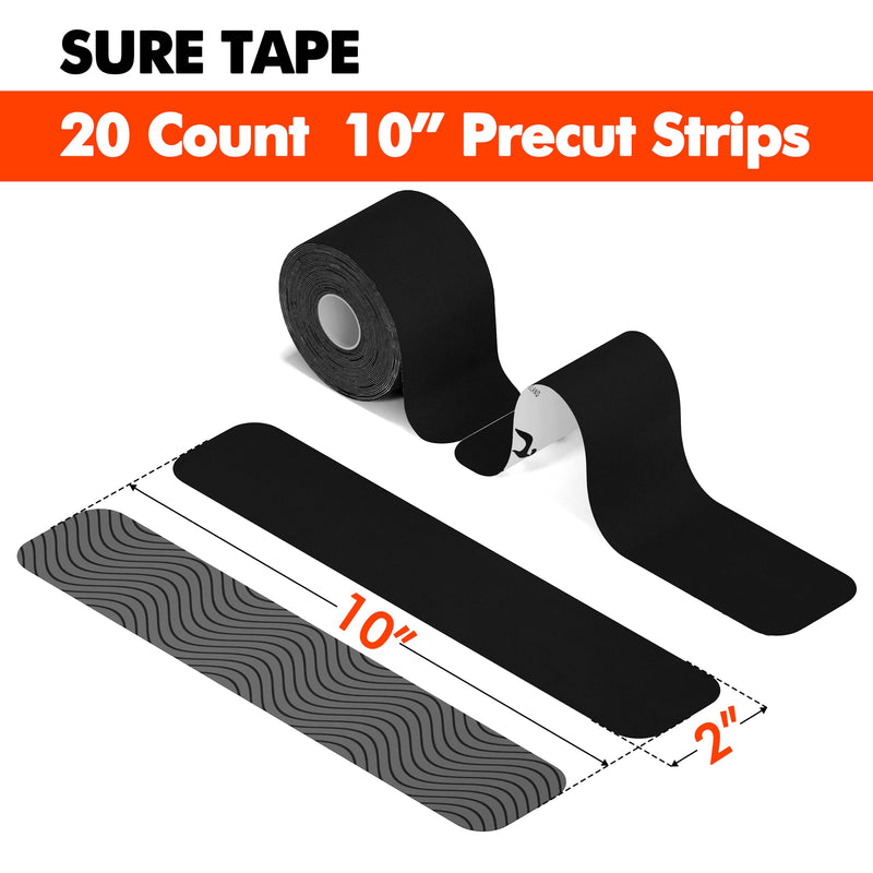[Australia] - Sure Tape Water Resistant pro Synthetic Kinesiology Tape Roll Therapeutic Sports Tape Latex Free, 20 Precut, 10” Strips 