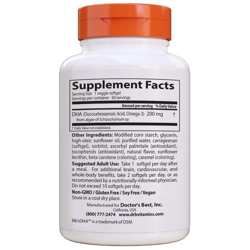 [Australia] - Doctor's Best Vegetarian DHA from Algae, Non-GMO, Vegan, Gluten Free, 200 mg, 60 Count 