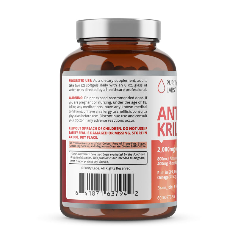 [Australia] - Purity Labs Antarctic Krill Oil 2000mg Omega-3 with Astaxanthin 800mcg Supplements to Support Memory, Heart, Brain Health - Rich in Omega 3, Fatty Acids, DHA, EPA & Phospholipids - 60 Softgels 