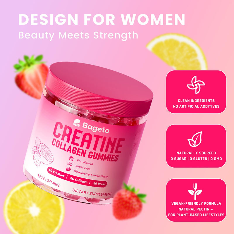 Creatine for Women + Collagen + BCAAs + Vitamin C & B12, 120 Sugar Free Creatine Gummies for Women, Creatine Monohydrate Gummies Pre Workout for Booty, Energy & Strength, Strawberry-Lemon Flavor