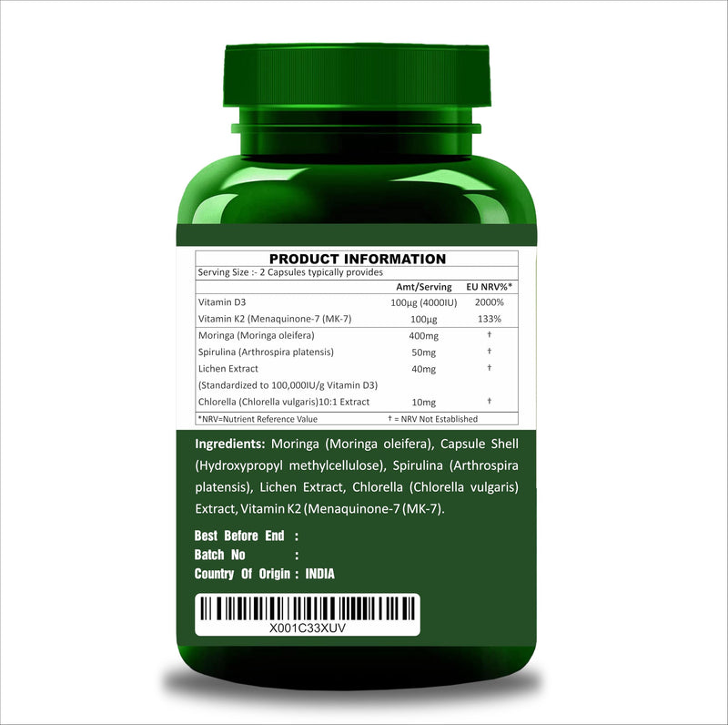 Herbal Magic Pure & Natural Plant Based Vitamin D3 (4000 IU) & K2 (100 mcg) in 2 Capsules, Whole Plant Used 60 x Veg Capsules - Lab Tested - No Maltodetxrin, Fillers, Preservatives