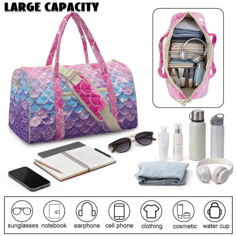Mermaid Scale Print Large Travel Duffel Tote Bag for Women, Stylish Quilted Weekender Bag, Lightweight Carry On Luggage for Overnight and Travel Pink - Mermaid Scale