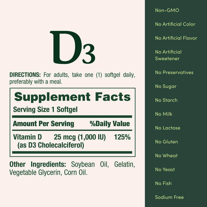 Nature's Bounty Vitamin D3 1000 IU, Immune Support, 250 Count | Helps Maintain Healthy Bones, 250 Rapid Release Softgels 250 Count (Pack of 1)