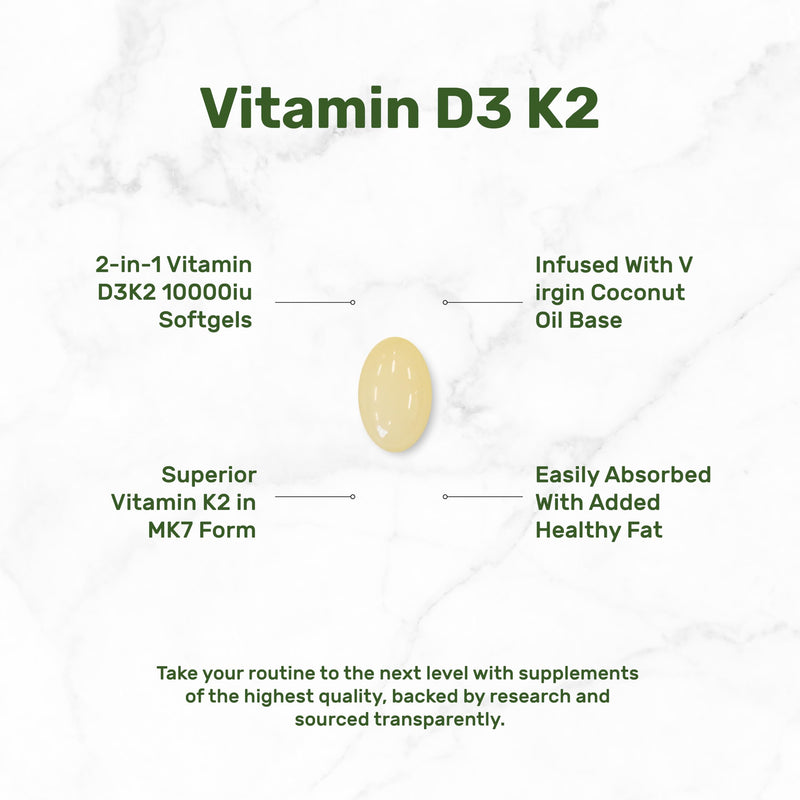 DEAL SUPPLEMENT Vitamin D3 10,000 IU + K2 MK7 200mcg Softgels, 250 Count | 2-in-1 Complex with Virgin Coconut Oil | Easy to Swallow
