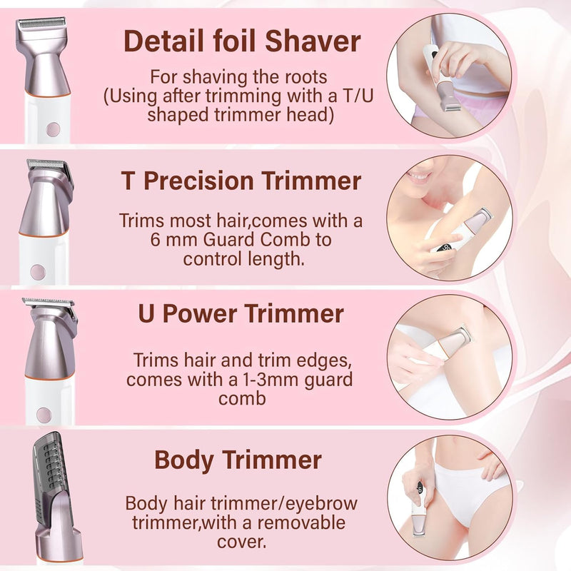 [Australia] - Bikini Trimmer for Women and Men,5-in-1 Wet/Dry Body Hair Trimmer,Gentle Hair Removal Shaver for Full Body Groomer,Electric Razor Shaver with USB Charge Dock-No Nick, No Cut, No Razor Burn,Pink Pink 