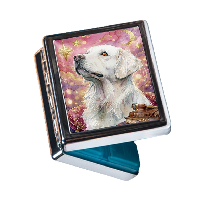 Metal 7 Day Pill Organizer, Weekly Pill Case 8 Compartments, Travel Pill Box for Purse & Pocket, Small Medicine & Vitamin Organizer, PP Dividers, Secure Clasp (Golden Retriever) Golden Retriever