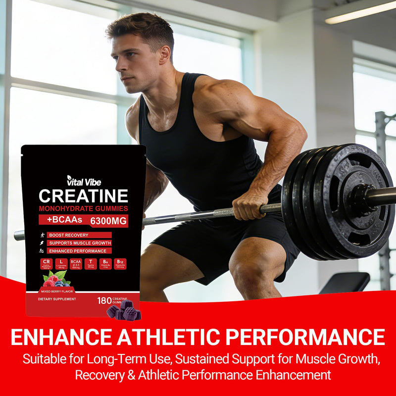 BCAA Gummies with Creatine 6300mg - High Strength EAA Essential Amino Acids - 180 Counts, 2 Month Supply - Pre Workout Energy, Muscle Strength - L-Taurine & B12 - Vegan Chewable Gummies 60 Servings