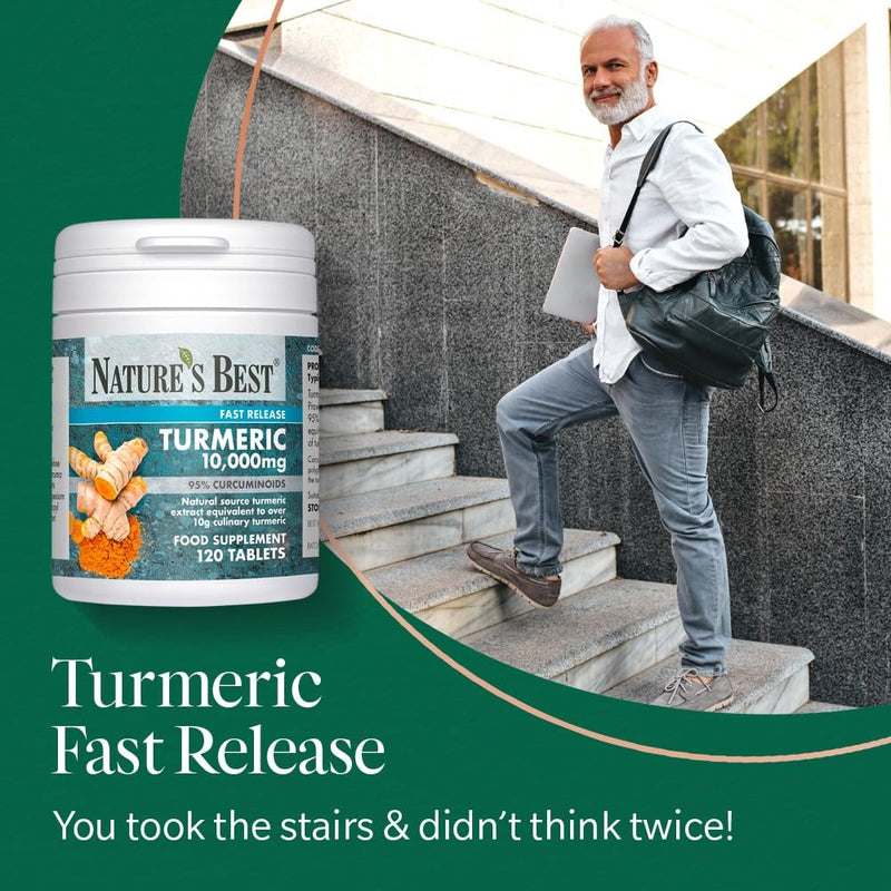 Nature's Best Turmeric 10,000mg Tablets Fast Release - High-Strength, 95% Curcuminoids - Taste-Free - UK Made - 120 Tablets (4 Months' Supply)