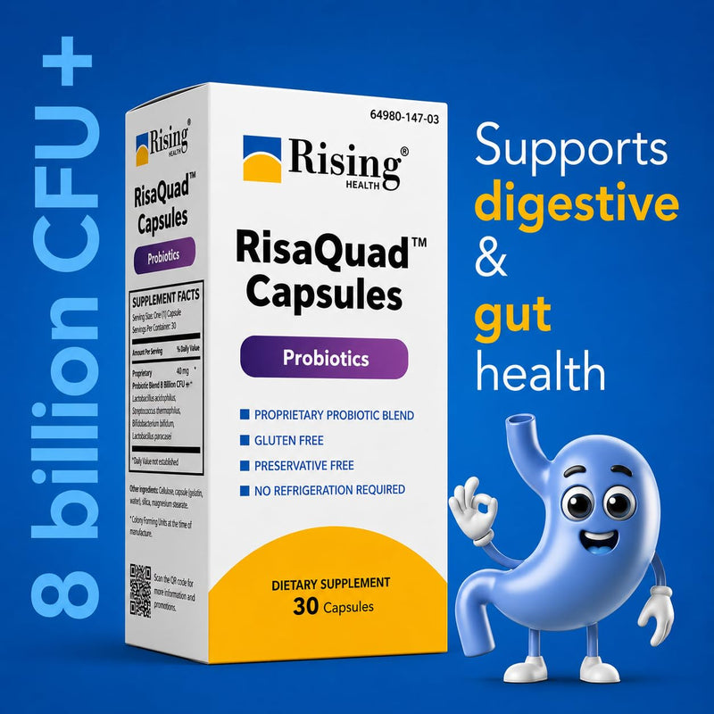 Rising Health RisaQuad™ Probiotic Capsules – 40 mg (8 Billion CFU+) Proprietary Probiotic Blend for Daily Digestive & Gut Health Support | No Need for Refrigeration - 30 Capsules 40mg (8 Billion CFU+)