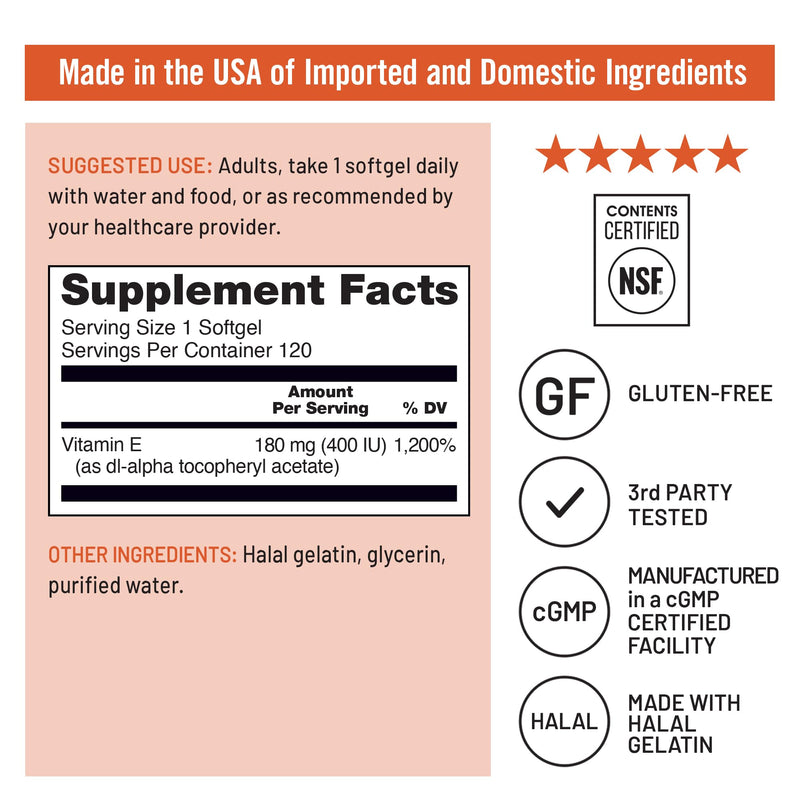 NatureWise Vitamin E 400 IU Softgels (180mg DL-Alpha) - Dairy, Gluten & Soy Free - Non-GMO Antioxidant-Rich Dietary Supplement for Skin, Heart, and Immune Health Support - 4-Month Supply, 120 Count 120 Count (Pack of 1)