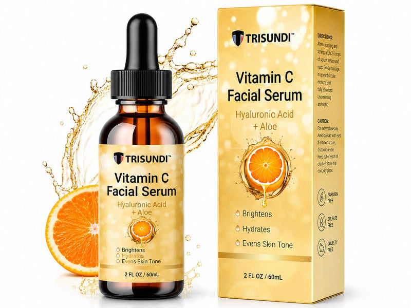 Trisundi® Vitamin C Facial Serum with Hyaluronic Acid & Aloe, Lightweight Hydrating Face Serum for Daily Skincare, Suitable for All Skin Types, 2 fl oz (60 mL)