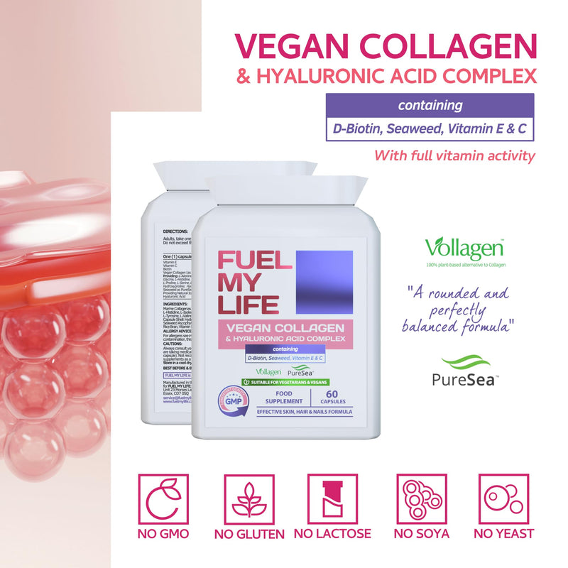 Vegan Collagen & Hyaluronic Acid Complex - 60 Capsules - Effective Skin, Hair & Nails Formula with 500mg of Vollagen in The Exact Amino ratios of Human Collagen - D-Biotin, Seaweed, Vitamins E&C
