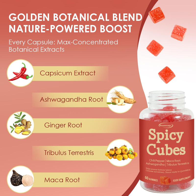 Spicy Blocks,Vegan Spicy Hot Peach Gummies for Men & Women- Formulated with Chilli, Ashwagandha, Maca Root & Tribulus Terrestris - Supports Calm & Hormonal Balance - 60 Pieces