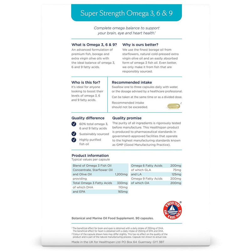 Healthspan Super Strength Omega 3, 6 & 9 1,200mg (90 Capsules) | Brain, Eye & Heart Health | Omega 3, 6 & 9 Fatty Acids | Premium Fish, Borage & Extra-Virgin Olive Oils | Sustainably Sourced