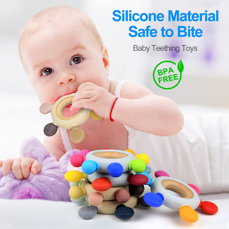 [Australia] - Baby Teething Toys Silicone Teethers BPA Free Silicone Rudder with Wooden Ring Soothe Babies Gums (Khaki) Khaki 