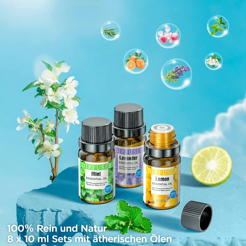 [Australia] - Aroma diffuser set for essential oils 500 ML, 8 x 10 ML essential oils, aromatherapy diffuser with remote control, 14 colors LED with 4 timer settings 