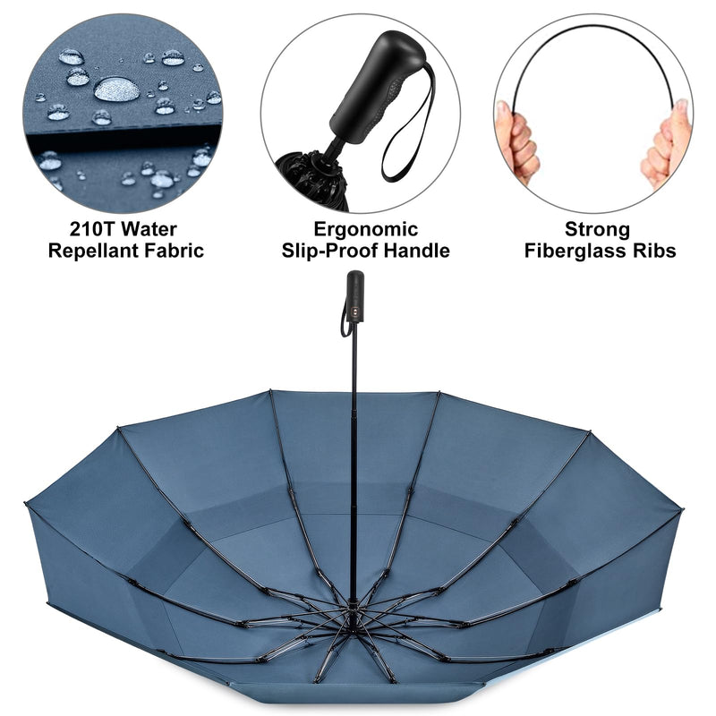 G4Free 62 Inch Large Golf Umbrella Compact Reverse Travel Umbrella (Navy Blue+Navy Blue with Reflective Stripe)