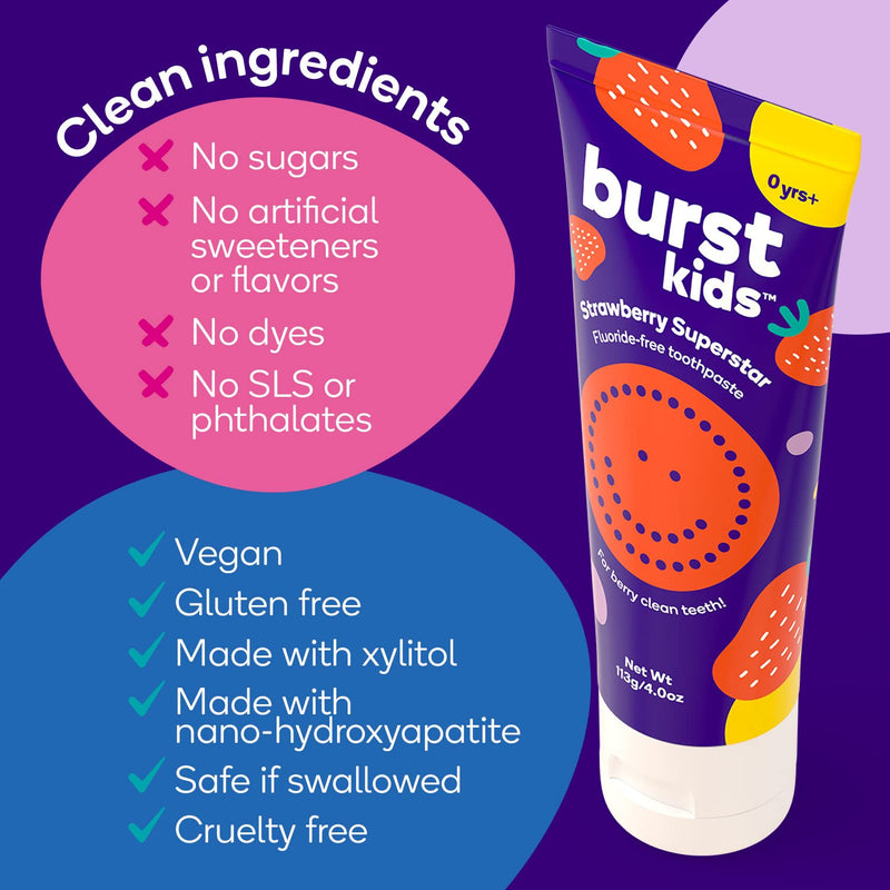 [Australia] - BURST Fluoride Free Strawberry Kids Toothpaste (4oz/2 Pack) | Great Tasting, Dye Free for Baby & Toddler Age 0+ | with Nano Hydroxyapatite Strawberry Fluoride-Free 2 Pack 