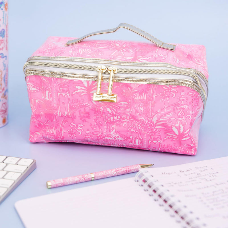 Lilly Pulitzer Carryall Cosmetic Case, Palm Beach Playground | Vinyl Zipper Toiletry Case with Top Handle, Wide Opening, and Interior Organization Pockets