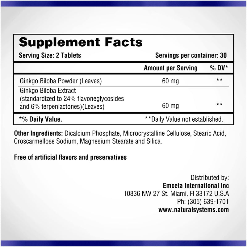 Ginkgo Biloba 60 mg by Natural Systems 60 Tablets - Gingko Biloba Powder Brain Supplement - Ginkgo Biloba Concentration Supplements - Memory Vitamins for Men and Women - Boost Energy Supplements