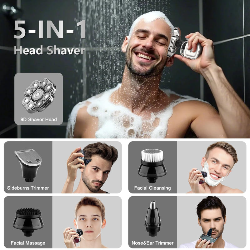 [Australia] - 9D Head Shaver for Bald Men, 5-in-1 Electric Razor for Men with Nose Hair Trimmer, Cordless Rechargeable & Waterproof Bald Head Shavers for Wet/Dry with Large Battery, LED Display, Birthday Gifts 