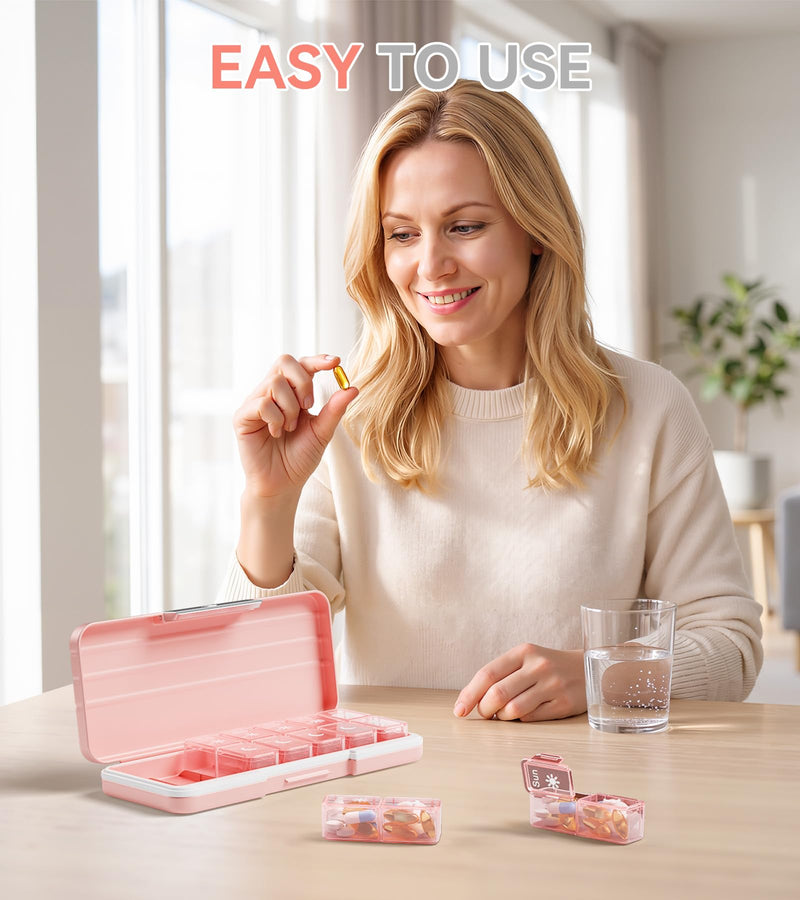 Betife AM PM Pill Organizer 2 Times a Day, 7 Day Pill Box - Pink | Removable AM/PM Daily Cases; Roomy for Fish Oil and Vitamins; Sturdy ABS Shell with Moisture-Resistant Silicone Protection.