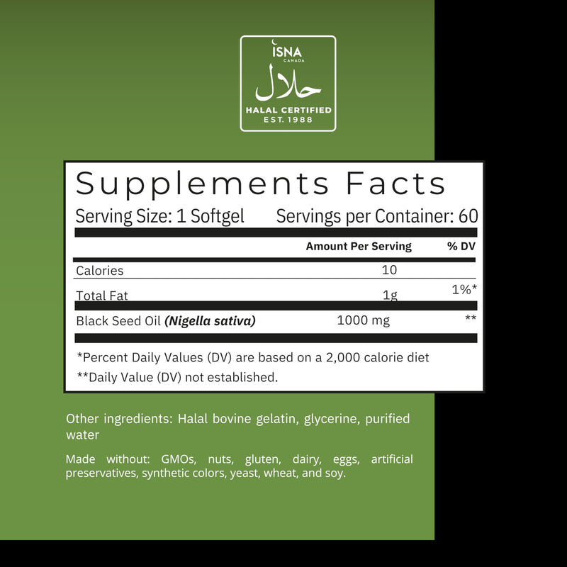 [Australia] - Noor Vitamins Halal Black Seed Oil Capsules, Halal Vitamins, 1000 mg Black Seed Oil from Nigella Sativa, Thymoquinone, Non-GMO, Gluten Free, 60 Count 
