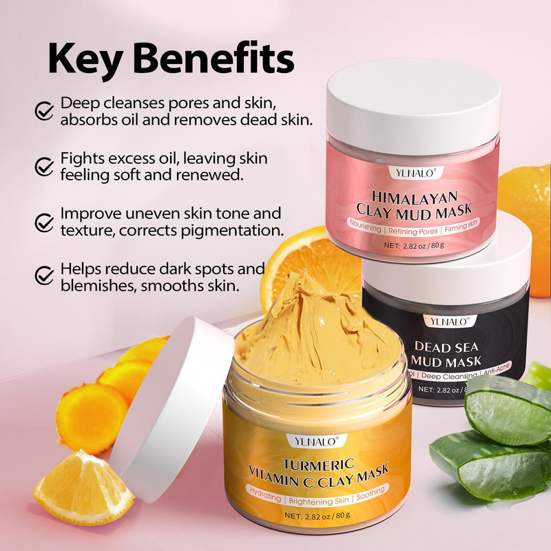 YLNALO Easter Gifts 3 Pcs Clay Facial Mask Set - Turmeric Vitamin C, Dead Sea and Himalayan Clay Skin Care Mask for Deep Cleansing, Moisturizing, and Refining Pores, Spa Facial Mask Set