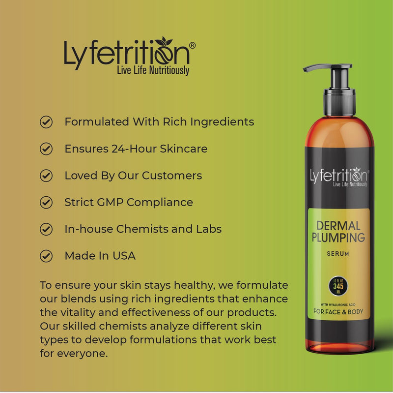 Lyfetrition Dermal Plumping Complex | 12 oz large Bottle | Anti-Ageing Serum Enriched with Vitamin C and Hyaluronic Acid