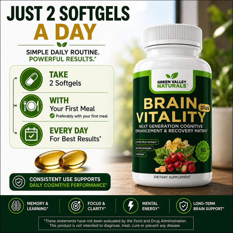 Green Valley Naturals Brain Vitality Plus™ Brain Health Supplement | 60 Softgels, Cognizin® Citicoline, Bacopa Monnieri, DHA Omega-3, Memory, Focus & Mental Clarity Support